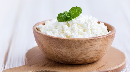 A close-up, high-resolution photograph of a wooden bowl filled with fresh, white cottage cheese