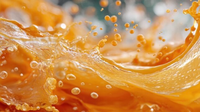 Fresh orange juice bursts into lively splashes catching sunlight and creating dazzling effects.