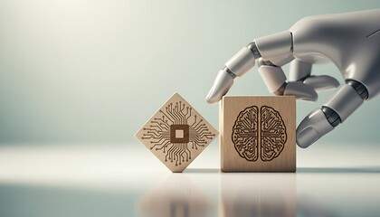 Robotic hand placing a wooden block with a brain circuit design next to a block with a microchip circuit design