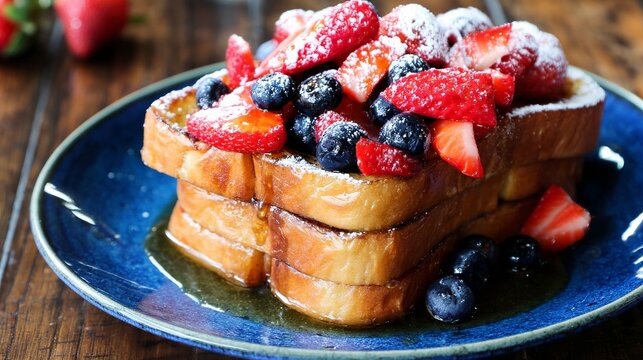 A close-up photograph of thick slices of French toast topped with a generous amount of mixed berries, including strawberries, blueberries, and raspberries, and dusted with powdered sugar