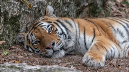 Obraz premium Majestic tiger lies calm on the forest floor soaking in serene surroundings on a quiet day.