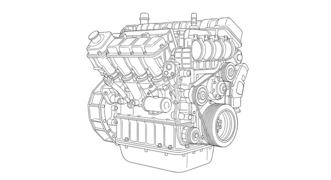 Detailed technical line drawing of a V-type internal combustion engine, showcasing its complex mechanical components and assembly.