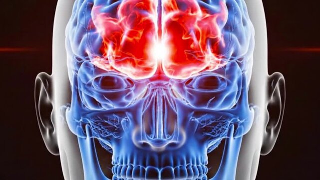 Blue human skull with brain illustration and red spots on the forehead against black background