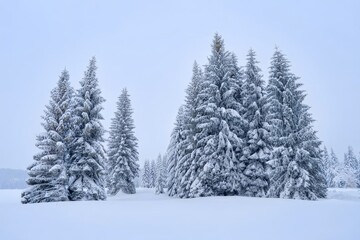 Snowy Evergreen Trees in a Winter Landscape