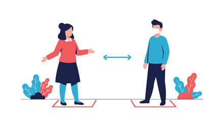 Fototapeta premium Maintaining social distance, a man in a mask and a woman keep their distance, following guidelines for a safe interaction.