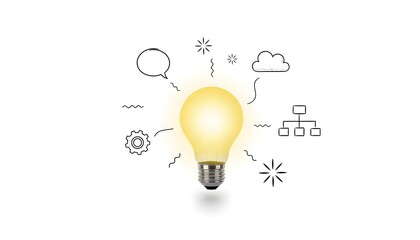 A glowing light bulb surrounded by various line art icons representing ideas, innovation, communication, and technology on a white background.