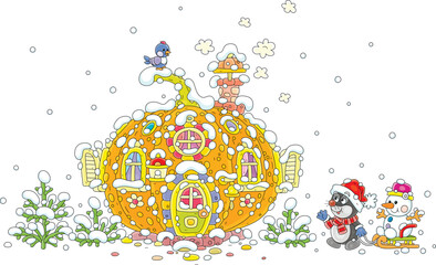 Cute little mole pulling a sledge with a funny toy snowman and talking to a small bird perching on a top of a snow-covered pumpkin house on a beautiful winter day, vector cartoon illustration