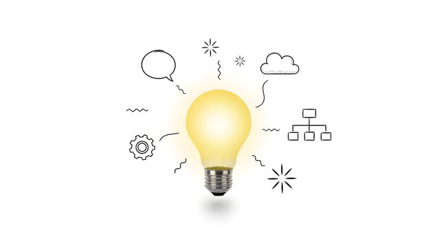 A glowing light bulb surrounded by various line art icons representing ideas, innovation, communication, and technology on a white background.