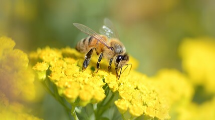 A macro photograph of a honey bee pollinating a cluster of small yellow flowers. The bee is in sharp focus, with its wings slightly blurred from movement. 