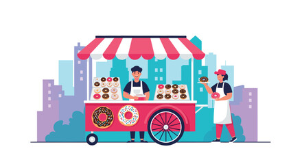 Donut cart with two vendors stands ready to serve customers against a cityscape background illustration, offering sweet treats and smiles.