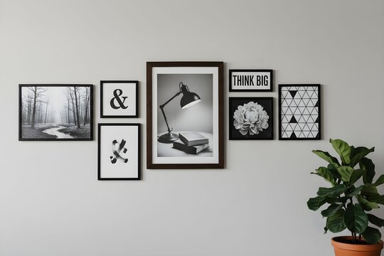 A collection of framed art pieces and photographs arranged on a neutral gray wall, creating a stylish home decor.