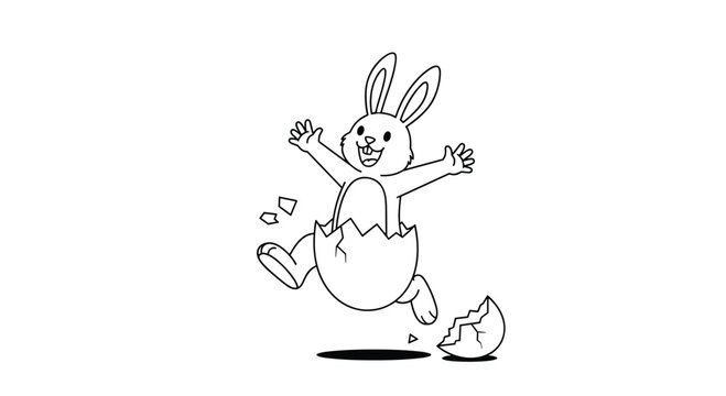 A joyous Easter bunny leaps from a cracked eggshell, arms raised in cheerful celebration, capturing the festive spirit of the holiday.