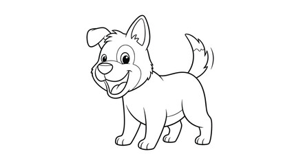 Fototapeta premium A cheerful and friendly cartoon puppy with a wagging tail stands smiling, depicted in a clear black and white line art style.