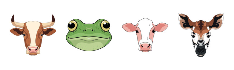 Naklejka premium Cartoon animal faces: cow, frog, calf, and giraffe illustrations