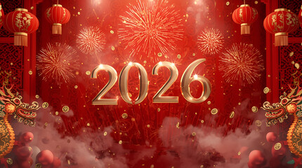 new year 2026 in red background with dragon and firework in gold text