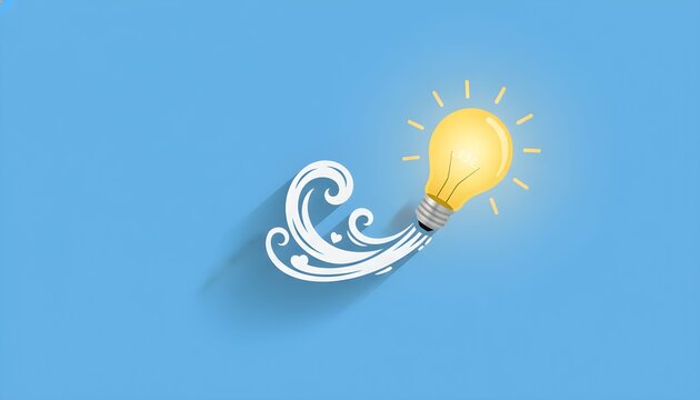 A glowing yellow light bulb with a white swirling trail on a light blue background, symbolizing a new idea or innovation.
