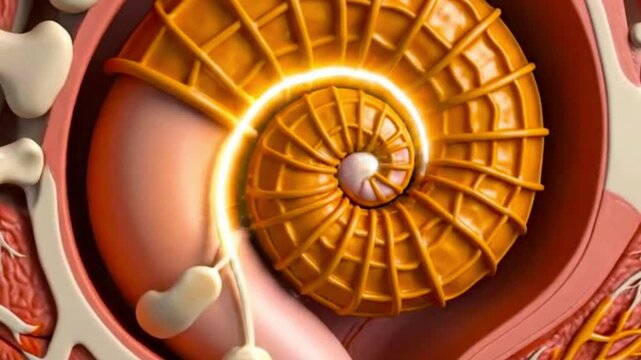 Anatomical illustration of the human ear showing the inner ear structure and blood vessels system