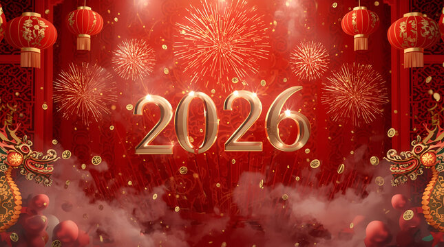 new year 2026 in red background with dragon and firework in gold text