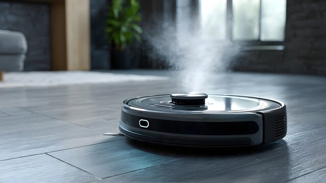 Smart Robot Vacuum Mop Steaming a Modern Hardwood Floor for Enhanced Home Cleanliness