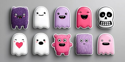 Cute cartoon monsters and ghosts stickers set