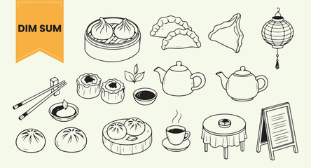 Hand Drawn Dim Sum and Chinese Tea Ceremony Set | Vector Doodle Collection of Steamed Buns, Dumplings, Teapot, and Lantern Line Art Icons.