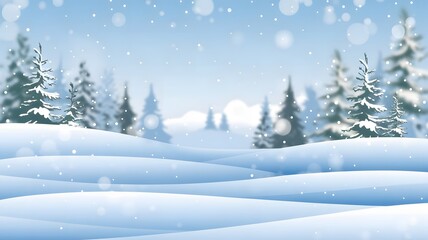 Fototapeta premium A serene winter landscape featuring snow-covered pine trees and rolling hills under a soft, falling snow