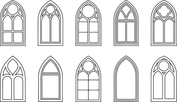 Ten unique gothic arched window frame outlines are displayed against a clean white background