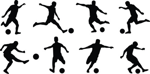 Set of Eight Soccer Player Silhouettes Kicking Ball, Football Sport Action Poses, Various Athlete Kicks and Shots, Black and White Vector Graphic Icons.