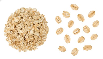 Close-up of rolled oats and oat grains on white background
