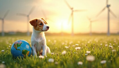 Small dog sits by globe in green field with wind turbines and sunset. Puppy enjoys nature, signifies eco-friendly future, planet care. Warm sunlight filters over grassy meadow, small white flowers.