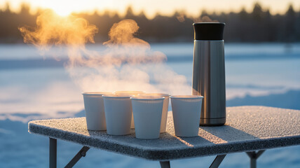 Hot steaming cups on table with thermos in winter sunset light  
