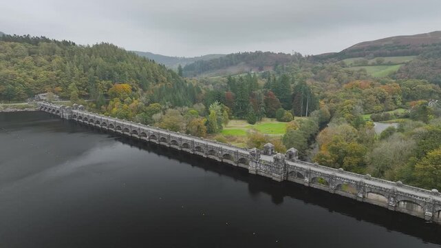 Autumn over Llyn Brianne Dam and Reservoir from a drone, Lake Vyrnwy, Powys, Wales, UK