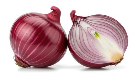 Two red onions, one whole and one cut in half isolated on white background