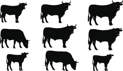 Set of Nine Different Cattle Silhouettes, Bull, Cow, and Calf Icons, Farm Animals, Livestock, Beef and Dairy Agriculture, Black and White Vector Graphic.