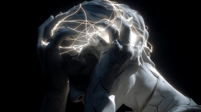 hands gripping intangible glowing threads inside a cracked head sculpture, representing internal conflict, high contrast lighting, surreal concept art, v7 