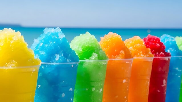 Colorful shaved ice drinks lined up on a beach with ocean background