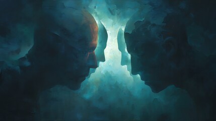 human head in darkness with faint glowing aura, inside two abstract figures locked in combat, emotional inner struggle concept, moody cinematic realism, v7 
