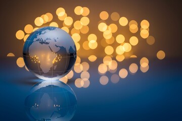 A clear glass globe representing Earth on a reflective surface with warm bokeh lights.