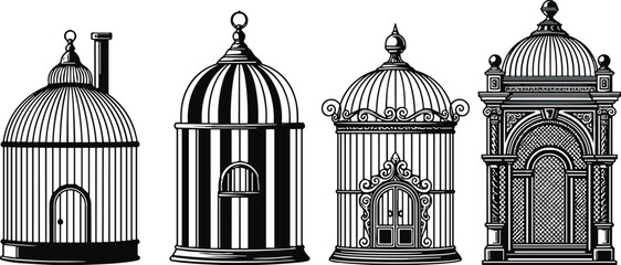 Set of Four Ornate Decorative Vintage Bird Cages, Antique Victorian Style Aviaries, Detailed Intricate Ornamental Design, Monochrome Black and White Vector Illustration.