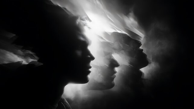 profile of a head dissolving into darkness while light and shadow figures battle inside, cinematic chiaroscuro style, deep emotional symbolism, v7 