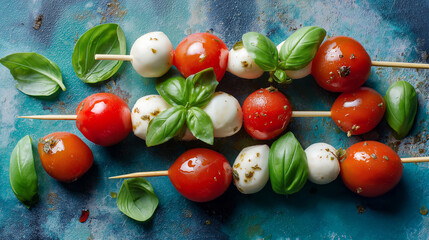 fresh cherry tomatoes, mozzarella pearls, and basil leaves arranged on mini skewers, glossy olive oil finish, vibrant Mediterranean colors