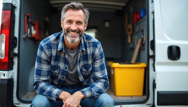 Smiling pro service worker sits inside open cargo van. Friendly male tech specialist, mechanic, plumber, electrician with tools, yellow toolbox ready for job. Mid adult man in plaid flannel shirt