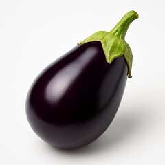 A single ripe dark purple eggplant with a vibrant green stem and leaves sits isolated on a clean white background showcasing its smooth glossy skin and healthy appearance