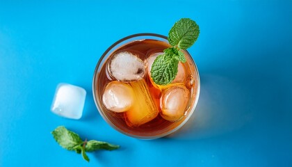 Refreshing Iced Tea Drink With Mint And Ice Cubes On A Cool Blue Background
