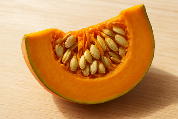 A vibrant orange slice of pumpkin showcasing its inner seeds and fibrous texture presented on a light wooden surface perfect for autumn harvest themes and healthy eating concepts