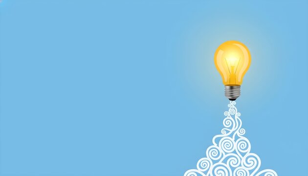 A glowing yellow light bulb with a decorative swirl base against a light blue background.