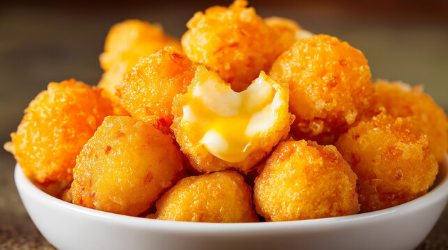 golden fried mini corn cheese balls piled in a small bowl, cheese melting inside, crispy outer layer