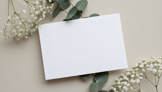 Close-up shot of a blank white card surrounded by delicate white flowers and green leaves on a beige surface. - Powered by Adobe