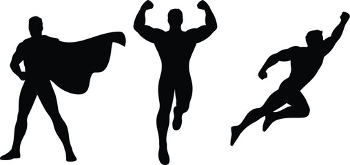 Three strong black superhero silhouettes depicting various action poses including standing, running, and flying