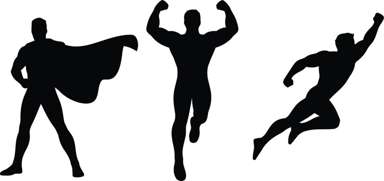 Three strong black superhero silhouettes depicting various action poses including standing, running, and flying